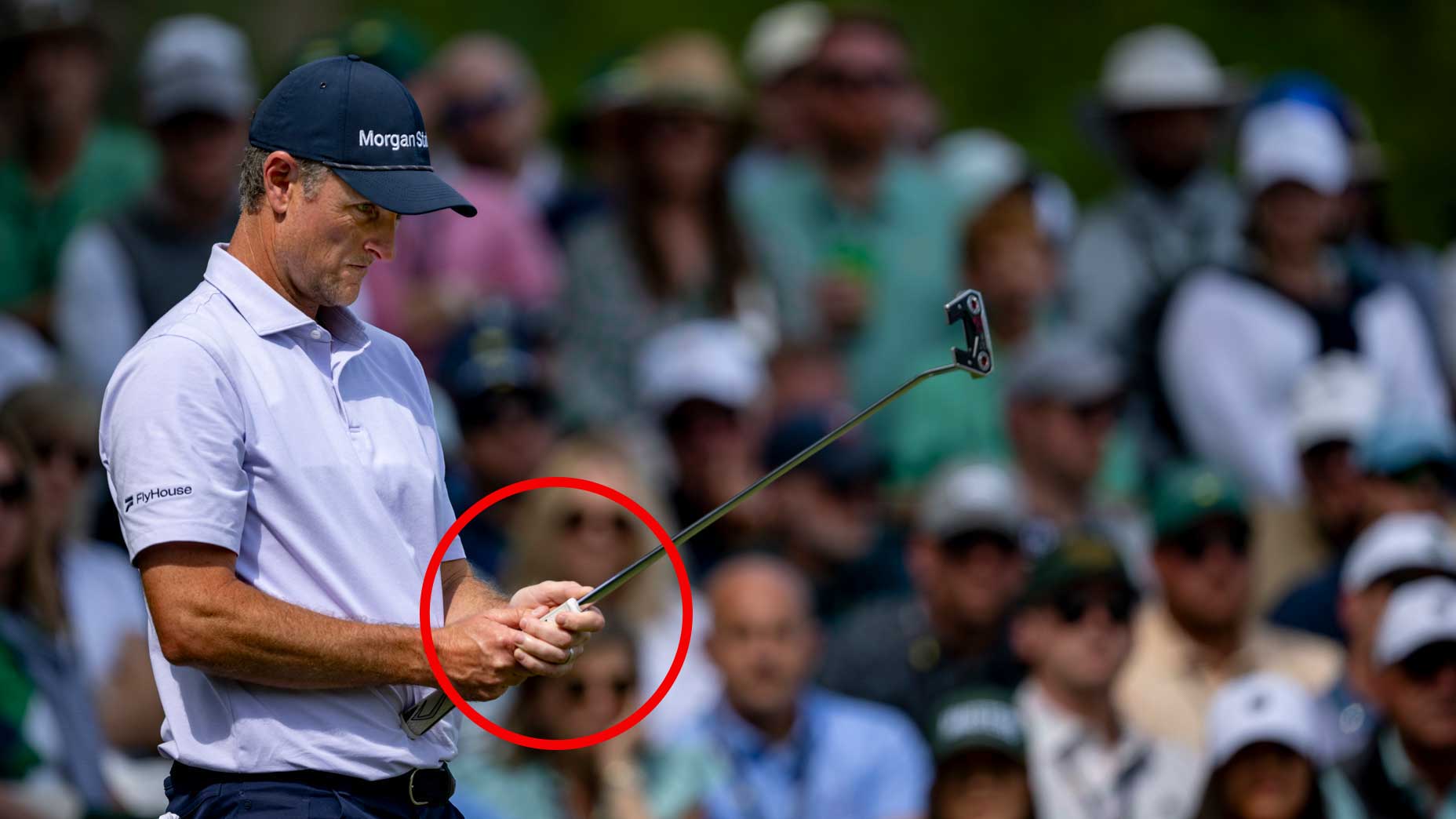 PGA Tour pro Justin Rose lines up putt on No. 6 at the Masters