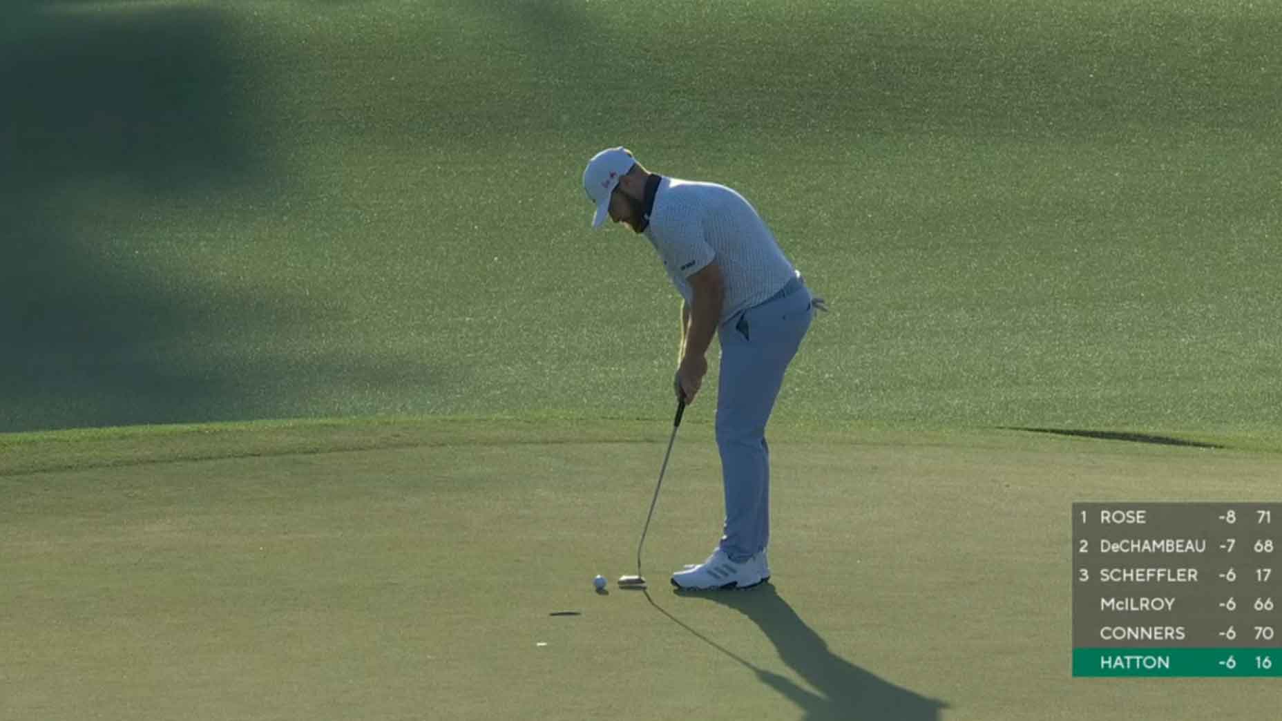 tyrrell hatton stands over missed 1-foot putt at the masters