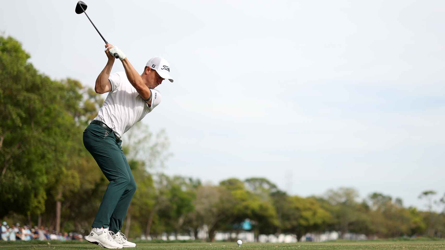 justin thomas swings driver during the 2025 valspar championship