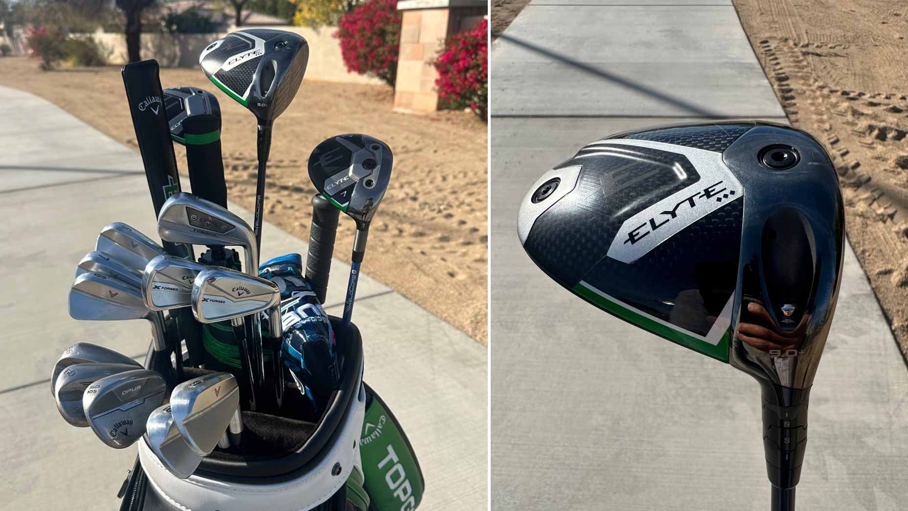 A split image of Min Woo Lee's bag and driver.