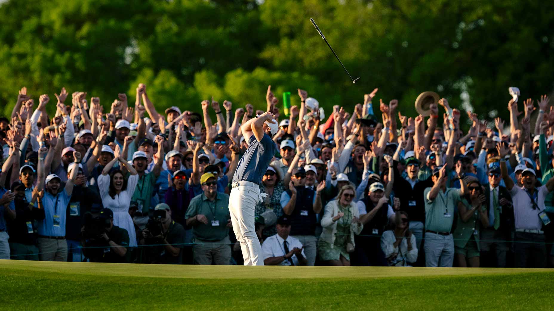 Rory McIlroy tosses his putter in the air after wining the 2025 Masters on Sunday at Augusta National Golf Club.
